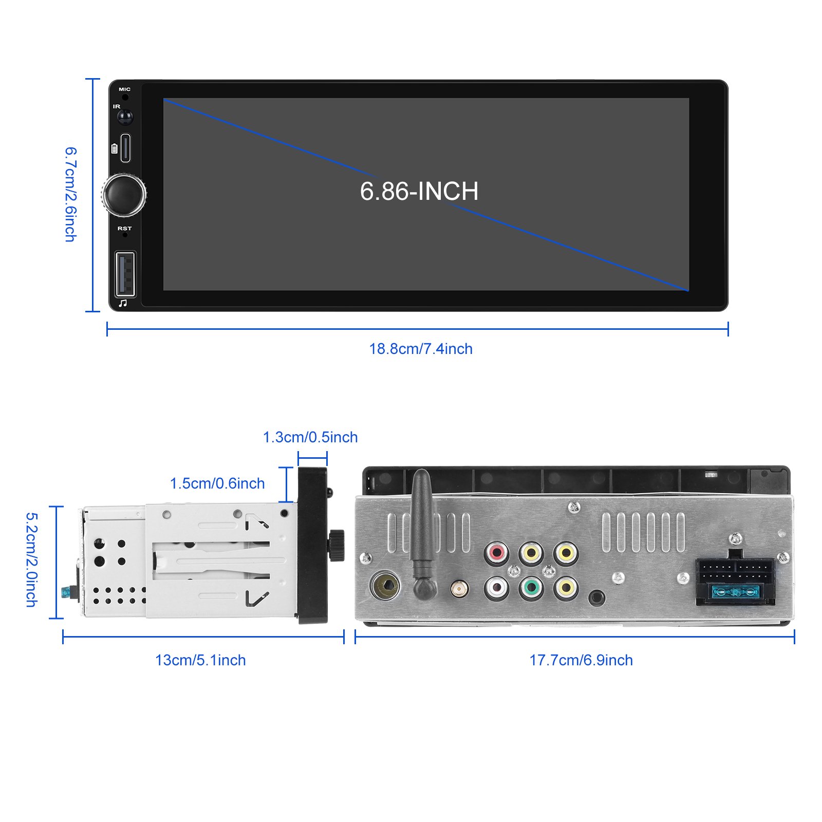 Podofo Android Car Radio 2+64G Single Din 6.86 Inch Touch Screen CarPlay/Android Auto 1080P GPS WIFI FM RDS Type C Port