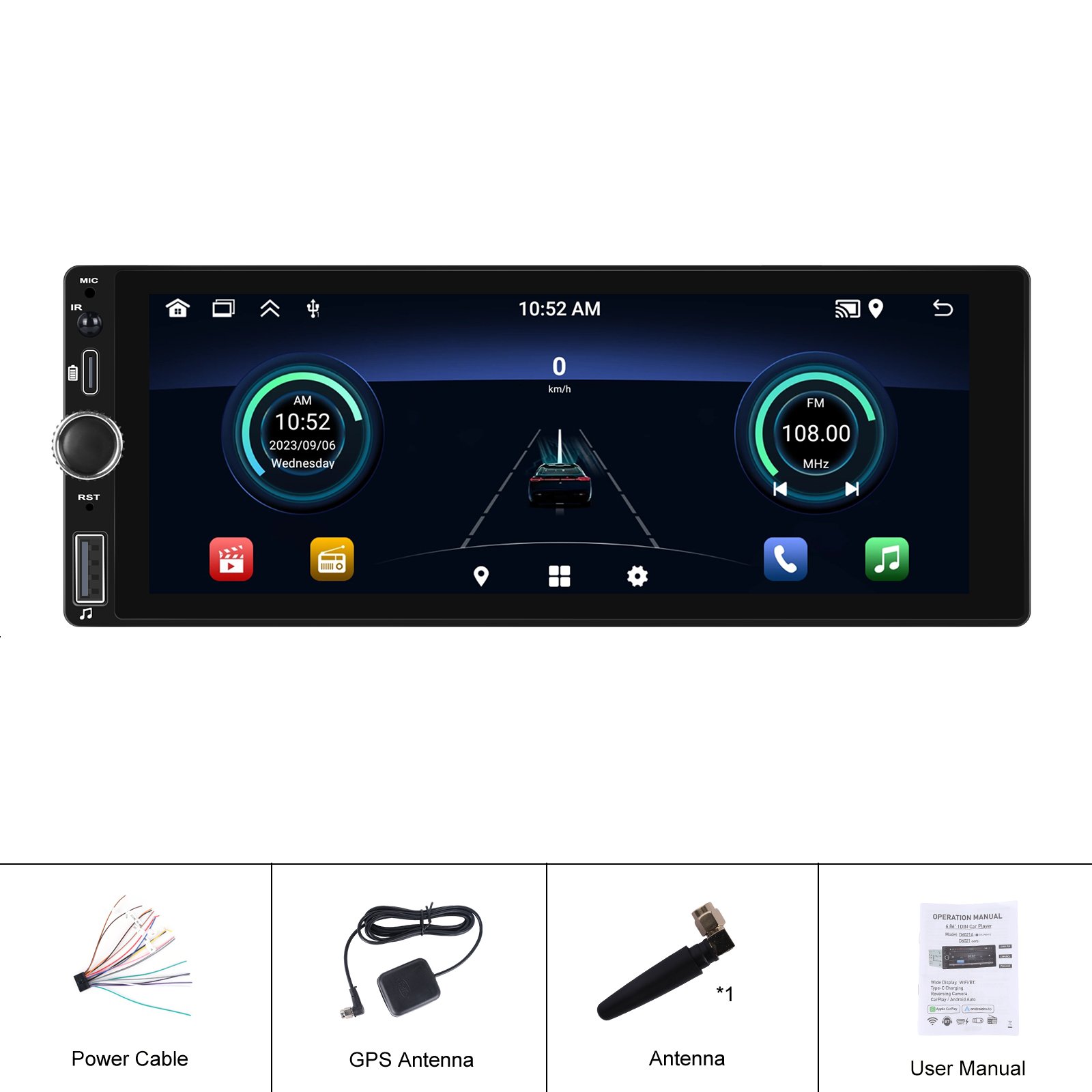 Podofo Android Car Radio 2+64G Single Din 6.86 Inch Touch Screen CarPlay/Android Auto 1080P GPS WIFI FM RDS Type C Port