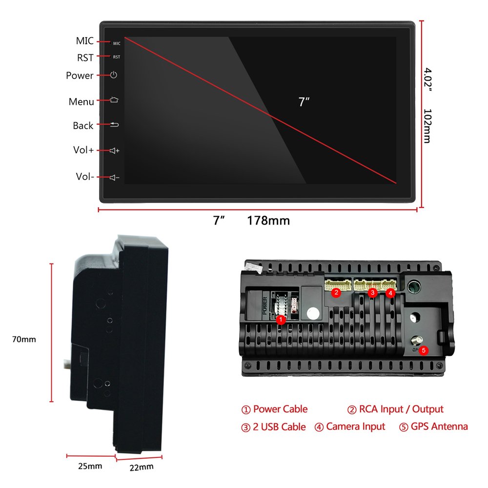 Podofo 7'' 2+64GB Android Car Radio Video Stereo 2 Din HD 2.5D Tempered Glass Touch Screen GPS WIFI FM BT RDS