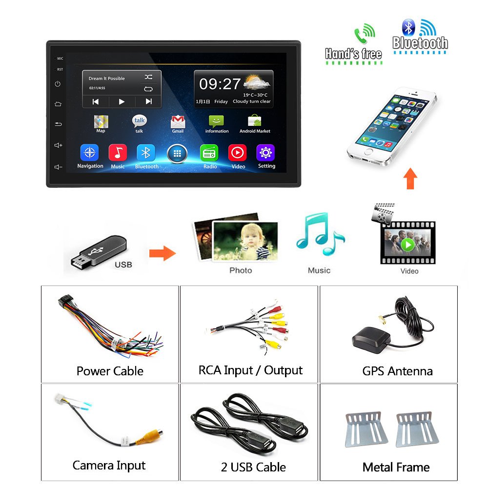 Podofo 7'' 2+64GB Android Car Radio Video Stereo 2 Din HD 2.5D Tempered Glass Touch Screen GPS WIFI FM BT RDS