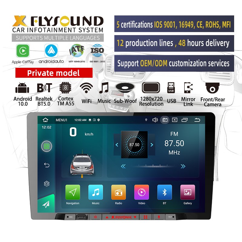 Flysonic OEM ODM 2 din 1280x720 screen car radio 9 10 inch car stereo android radio gps Navigator car dvd player