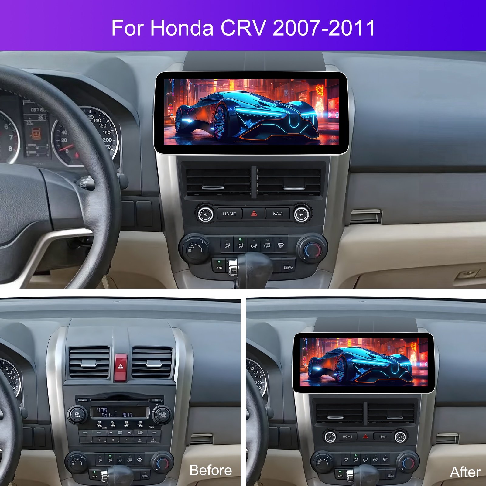 Podofo Android 12.3'' 8 core 2+32GB Carplay Android Auto Car Stereo For Honda CRV 2007-2011 GPS WiFi 4G FM/AM/RDS Hi-Fi BT DSP