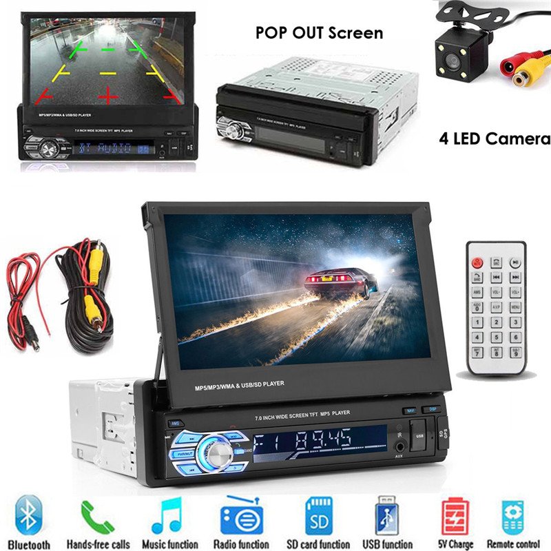 Podofo Car Radio 1 Din 7" HD Detachable Touch Screen Single Din Car Stereo Autoradio Support FM USB AUX SD MP5 + Rear Camera