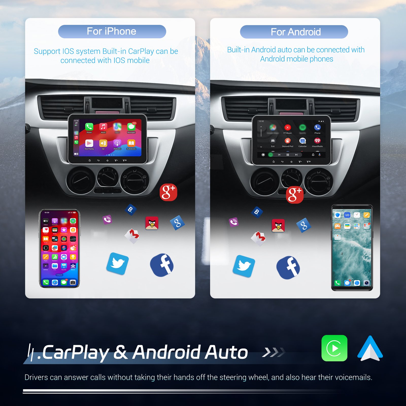 Podofo Single Din Android Car Stereo 7 Inch 2+32G Wireless Carplay/Android Auto IPS Screen GPS/WIFI/FM/USB/BT/EQ Dropshipping
