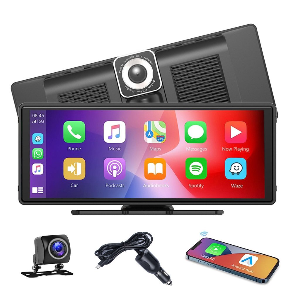 10inch HD portable carplay screen smart wireless car screen with dash camera loop recording DVR car monitor car dvd player