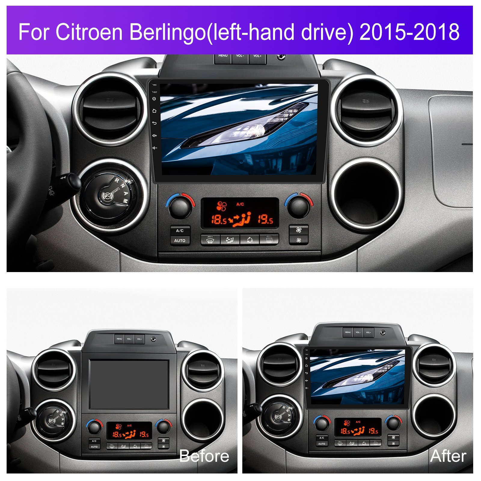 Podofo Android Car Radio 9 Inch 2 Din Car Stereo For Citroen Berlingo 2015-2018 Carplay Android Auto BT WiFi GPS Hi-Fi FM