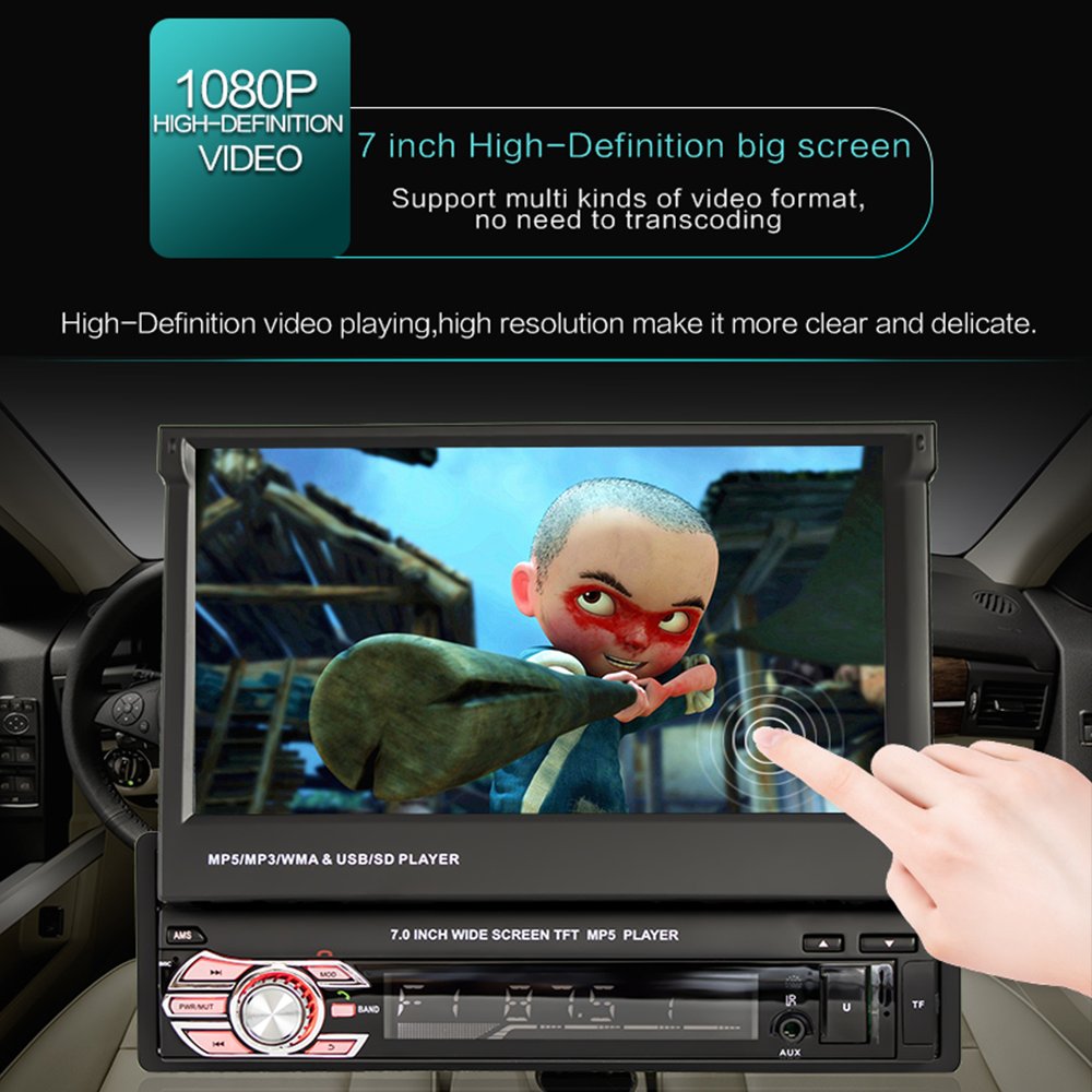 Podofo 1 Din 7" Car Video Car Radio With Motorized Retractable Touch Screen Car Stereo Audio Autoradio MP5 Player BT FM
