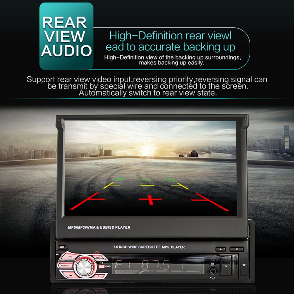 Podofo 1 Din 7" Car Video Car Radio With Motorized Retractable Touch Screen Car Stereo Audio Autoradio MP5 Player BT FM
