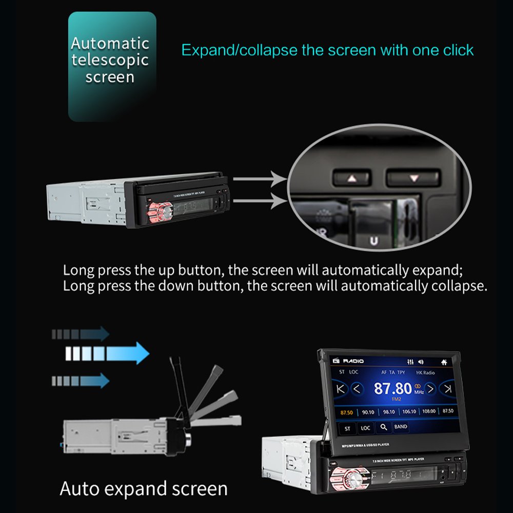 Podofo 1 Din 7" Car Video Car Radio With Motorized Retractable Touch Screen Car Stereo Audio Autoradio MP5 Player BT FM