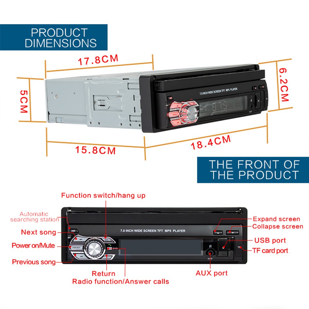 Podofo 1 Din 7" Car Video Car Radio With Motorized Retractable Touch Screen Car Stereo Audio Autoradio MP5 Player BT FM