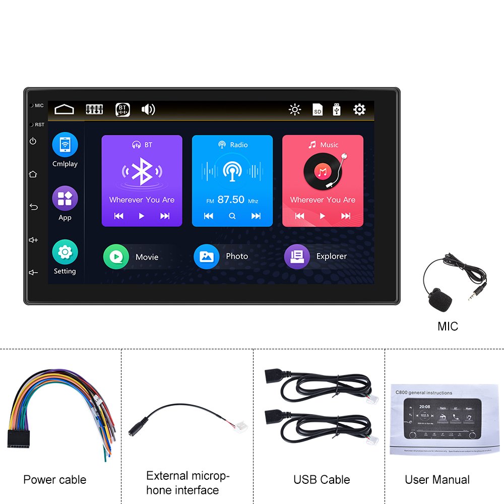 Podofo Double Din Car Stereo Carplay & Android Auto Car Radio Autoestereo 2 Din 7'' HD Touch Screen BT FM Receiver + Mic