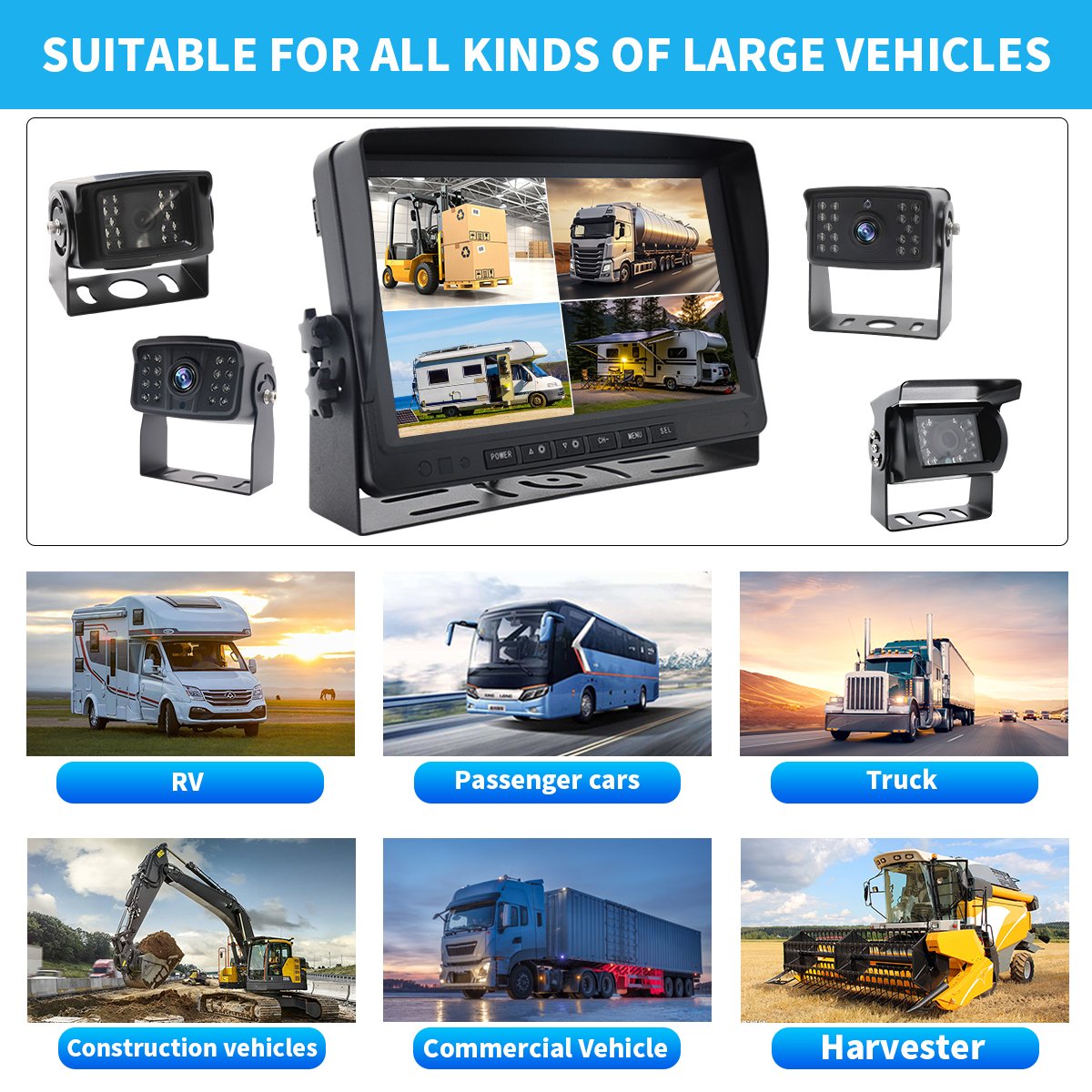 Truck DVR 4 CH quad Digital Video Recorder Backup Reverse Camera 4pin 7 inch Rear View Monitor for Bus RV Trailer car tv monitor