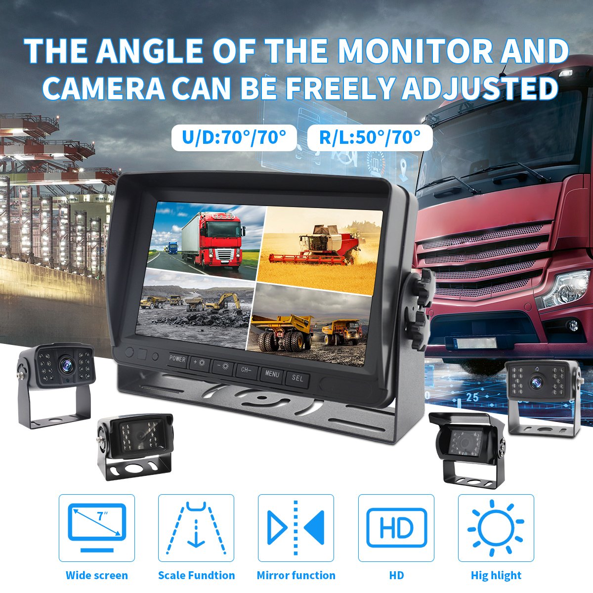 Truck DVR 4 CH quad Digital Video Recorder Backup Reverse Camera 4pin 7 inch Rear View Monitor for Bus RV Trailer car tv monitor