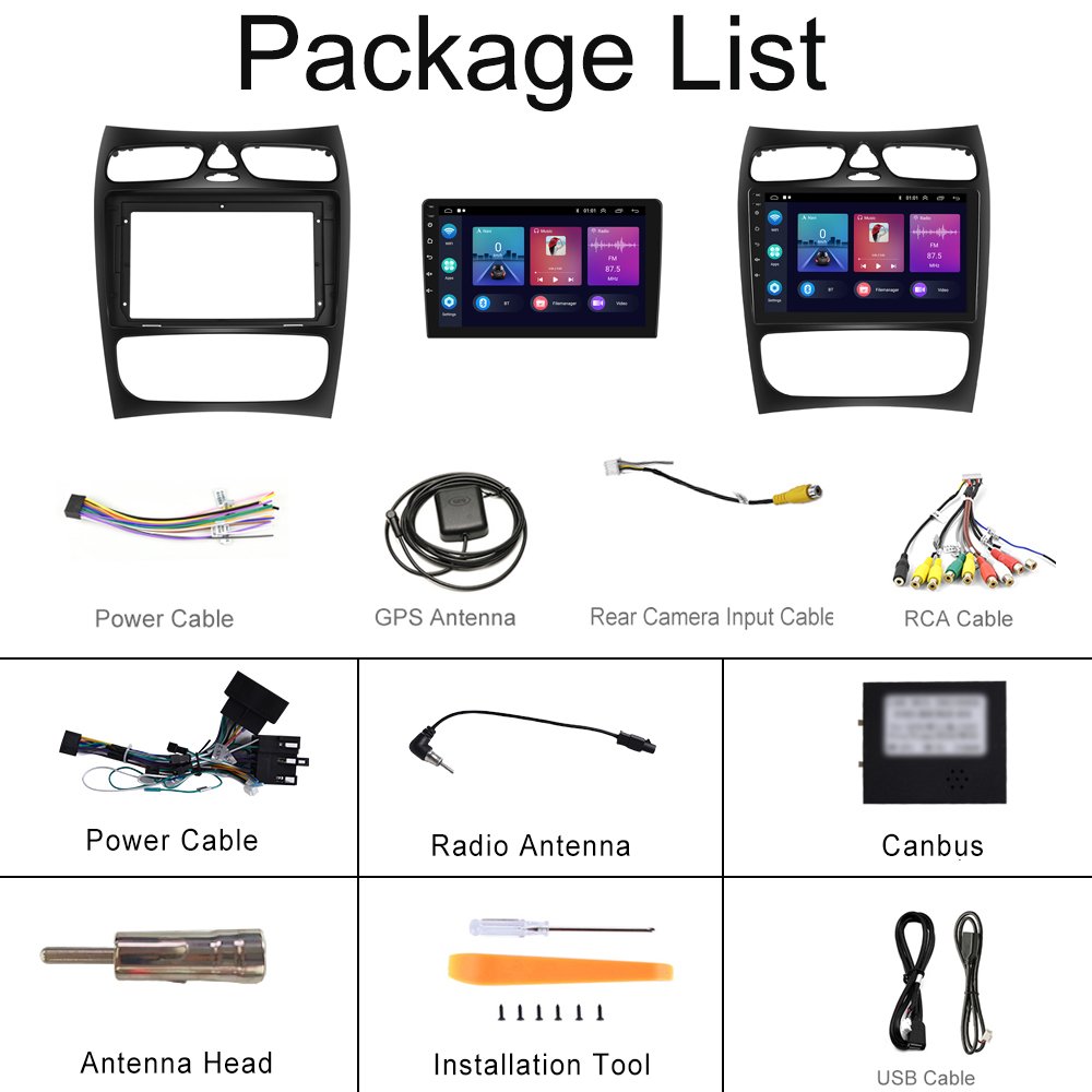 Podofo Autoradio 2 Din Android Car Radio 9 Inch For Mercedes Benz C-Class/CLK 2002-2004 Carplay Android Auto BT GPS WiFi