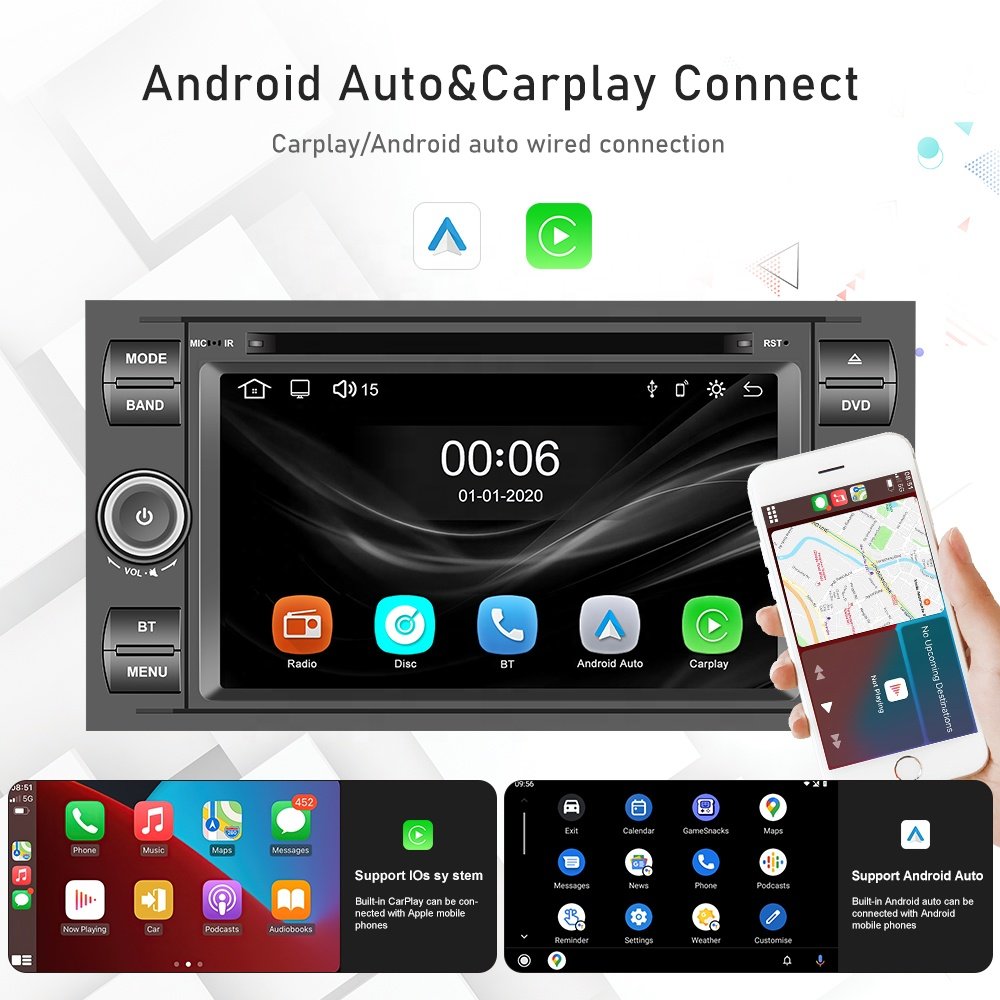 Podofo Double Din 7'' Car MP5 Player Car DVD Player Carplay Android Auto For Ford Transit GPS FM BT Touch Screen Autoradio