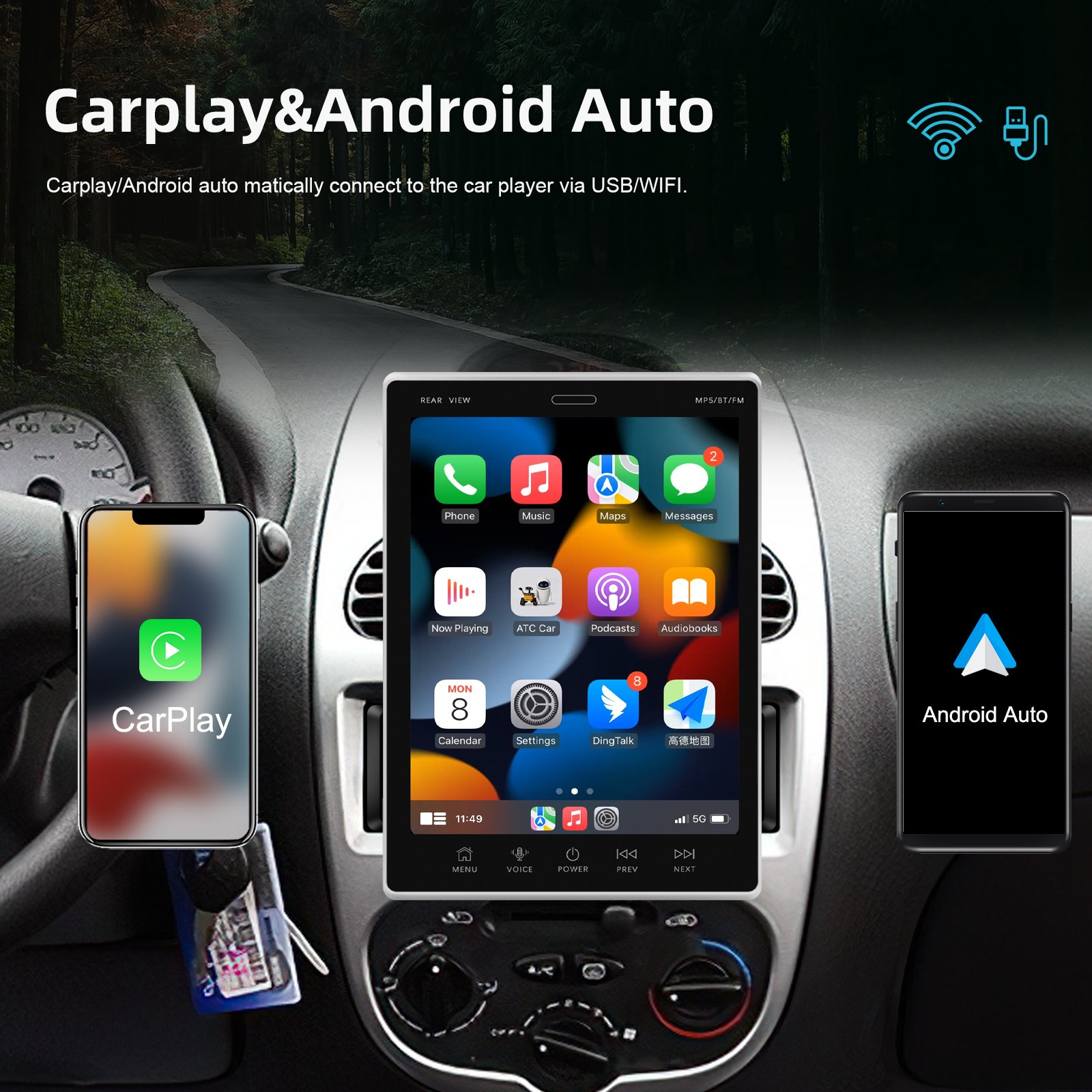 Podofo 1 Din 9.5'' Android Car Radio Auto Electronics 2+64GB Wireless Carplay Android Auto RDS WIFI Fast Charging AHD Camera