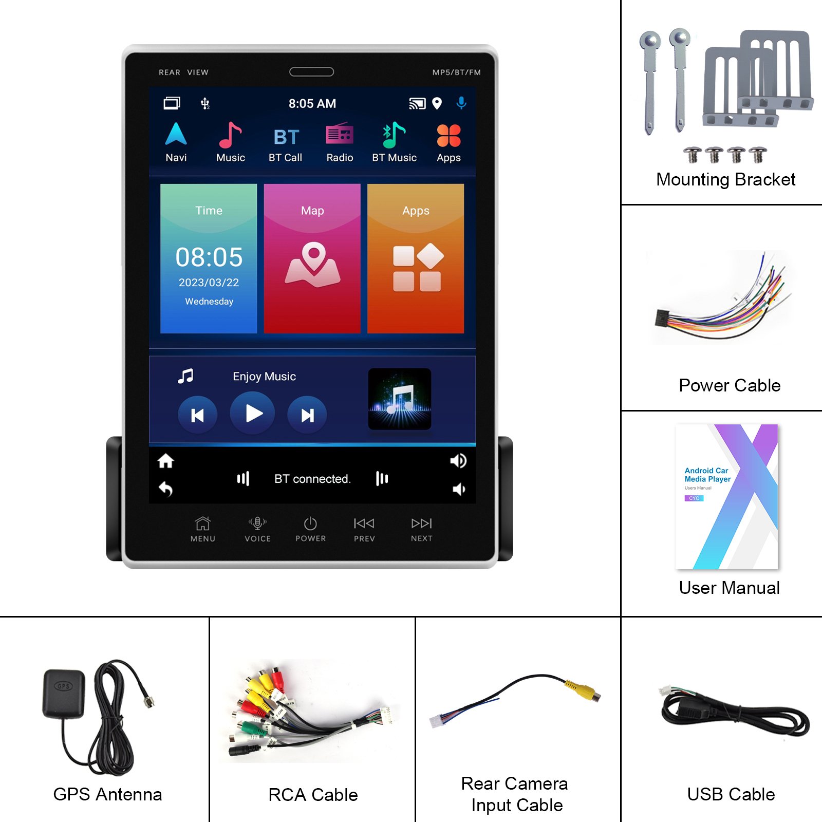 Podofo 1 Din 9.5'' Android Car Radio Auto Electronics 2+64GB Wireless Carplay Android Auto RDS WIFI Fast Charging AHD Camera