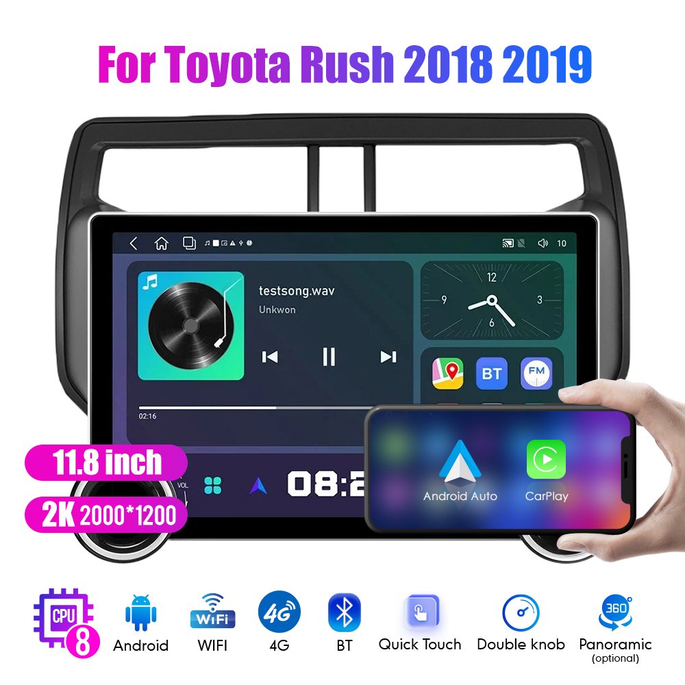 11.8Inch 2Din Android Car Radio For Toyota Rush 2018 2019 2K QLED Screen Car Stereo Car DVD Player Carplay Android Auto