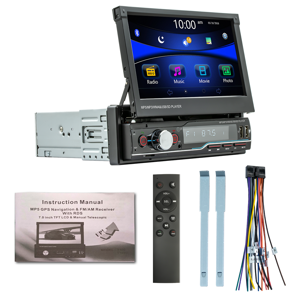 New 7-inch 1din Retractable Touch Screen Car Stereo Radio USB/TF/AUX Dash Player USB AUX Remote Control MP5 Audio Dashboard 5.1