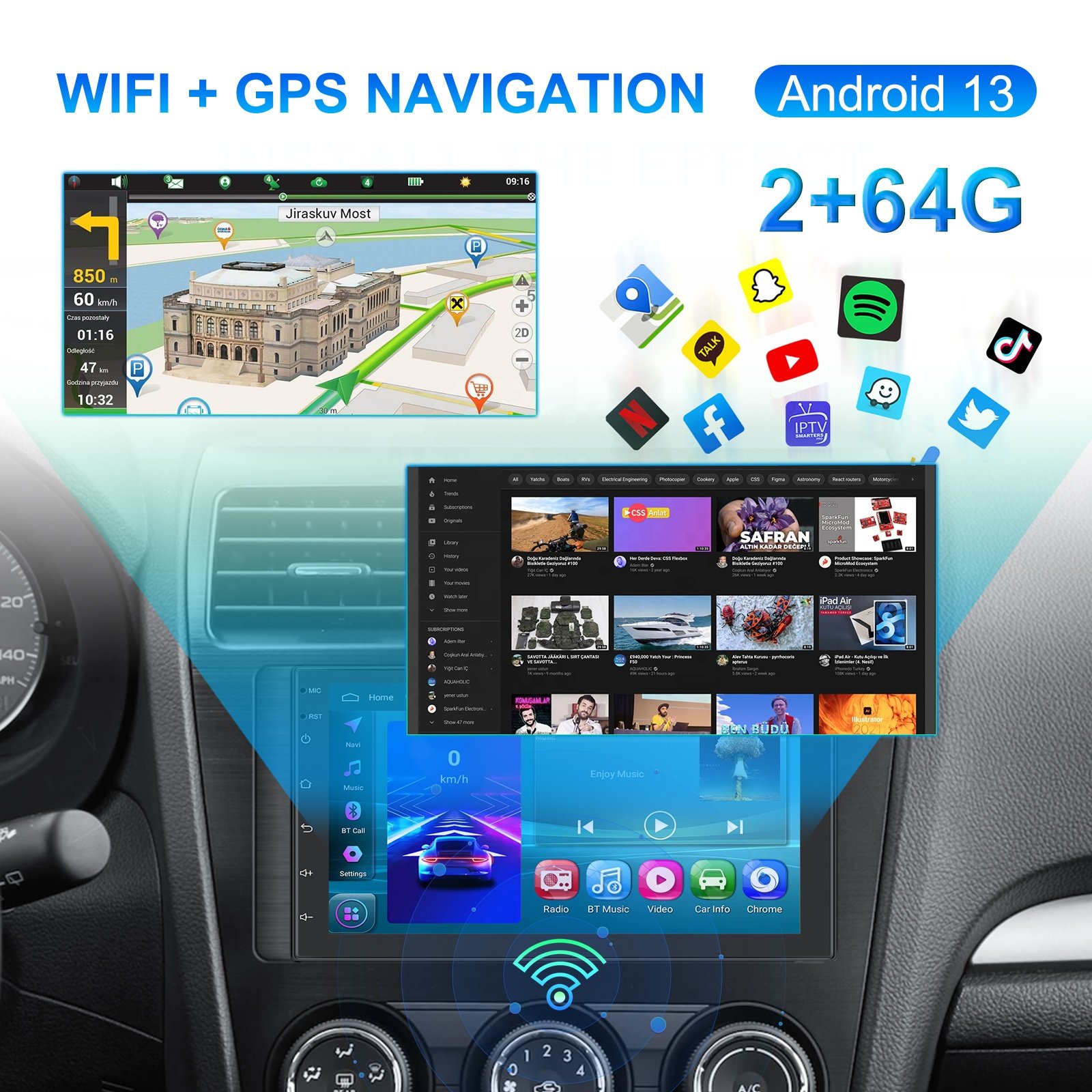 Podofo 2+64GB 7" Double Din Car Stereo Android Car Radio Autoradio Carplay Android Auto GPS WIFI BT FM RDS Support AHD Camera