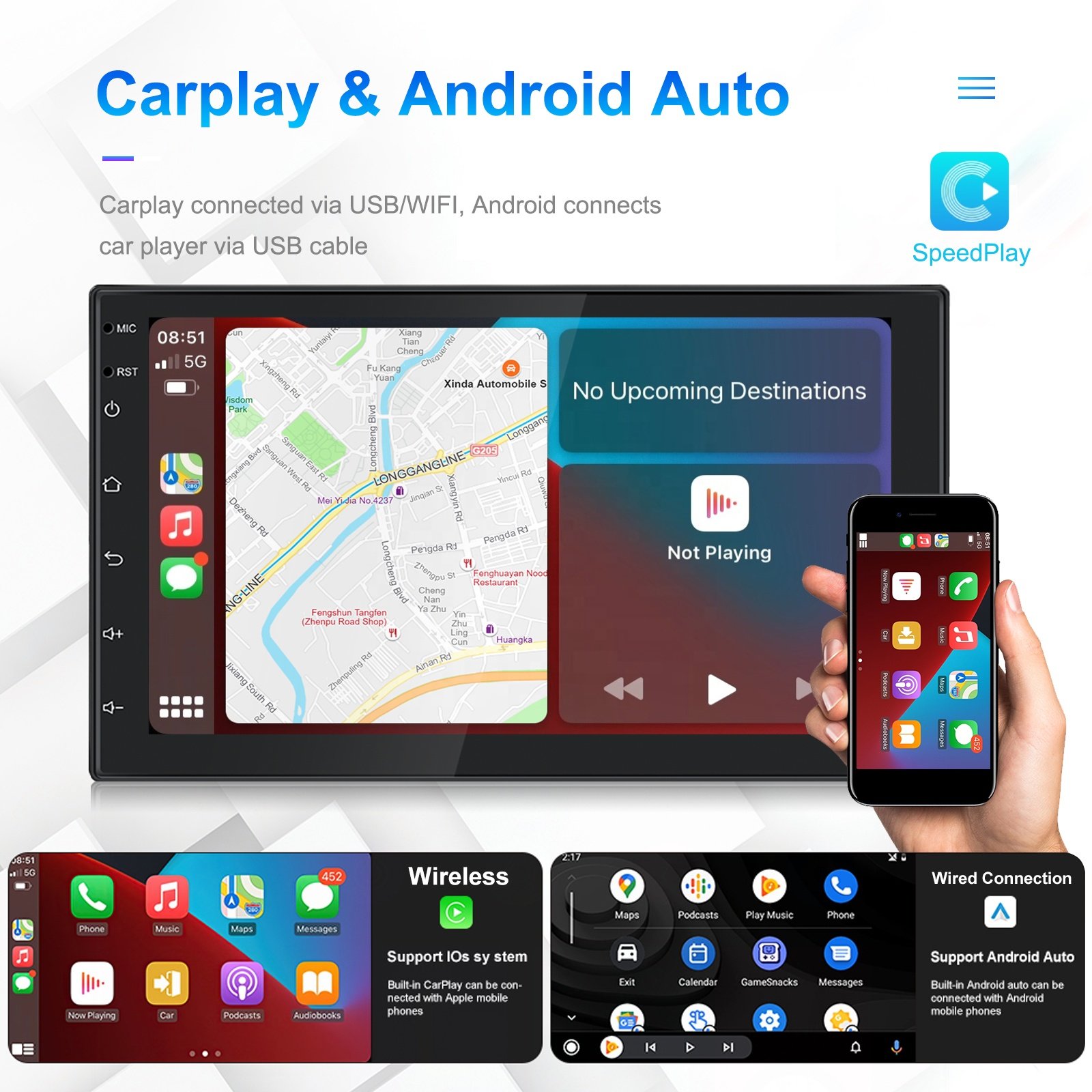 Podofo 2+64GB 7" Double Din Car Stereo Android Car Radio Autoradio Carplay Android Auto GPS WIFI BT FM RDS Support AHD Camera