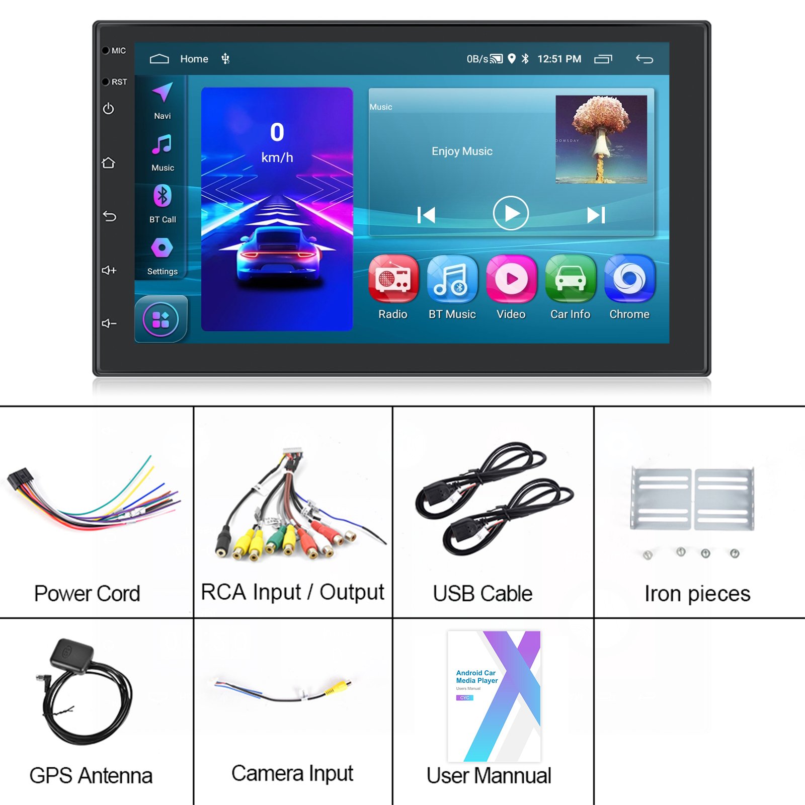 Podofo 2+64GB 7" Double Din Car Stereo Android Car Radio Autoradio Carplay Android Auto GPS WIFI BT FM RDS Support AHD Camera