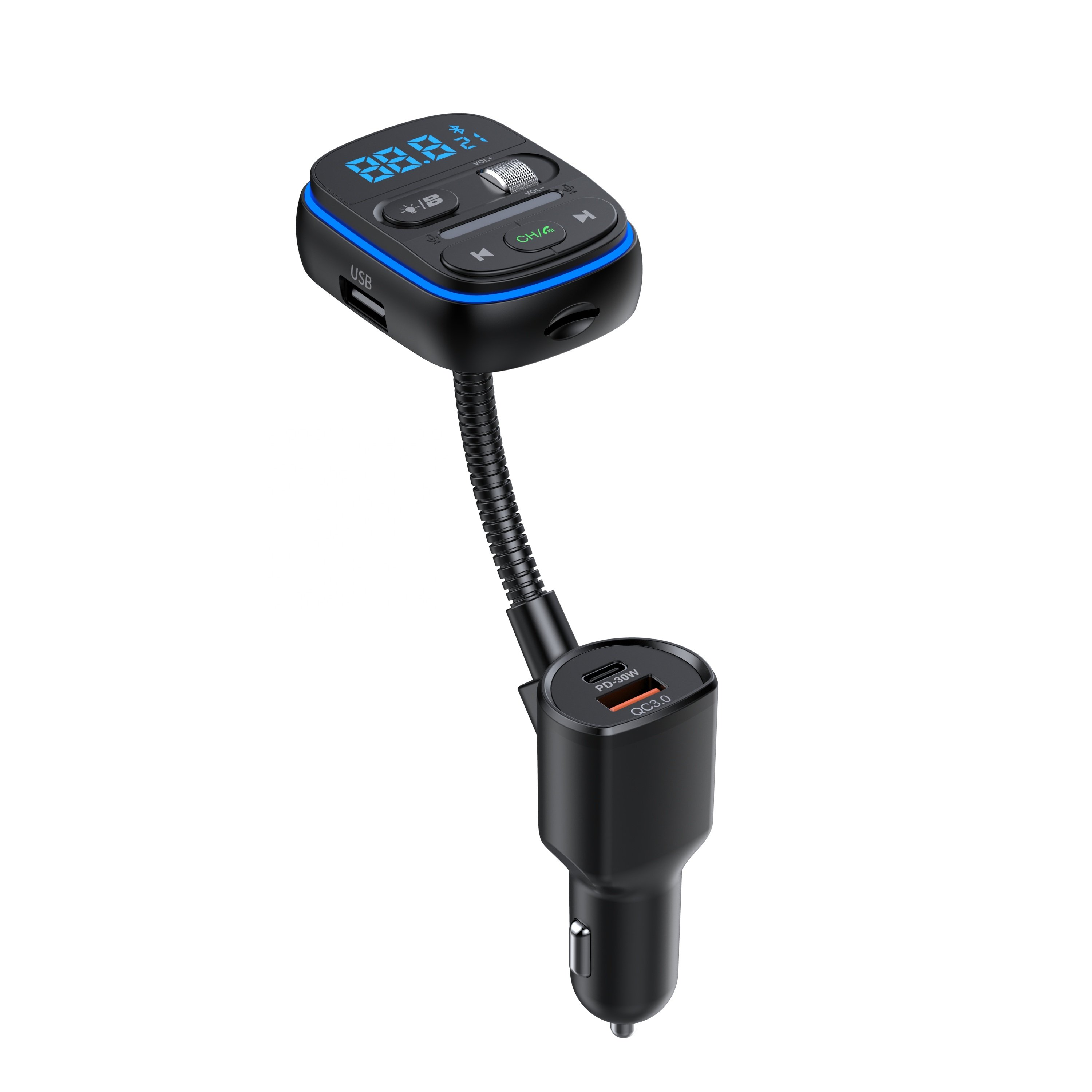 AGETUNR T77 Car Kit Bluetooth Fm Transmitter Mp3 Player U Disk/micro SD Card Music Play Lights BASS EQ Call 30W PD Voice Control