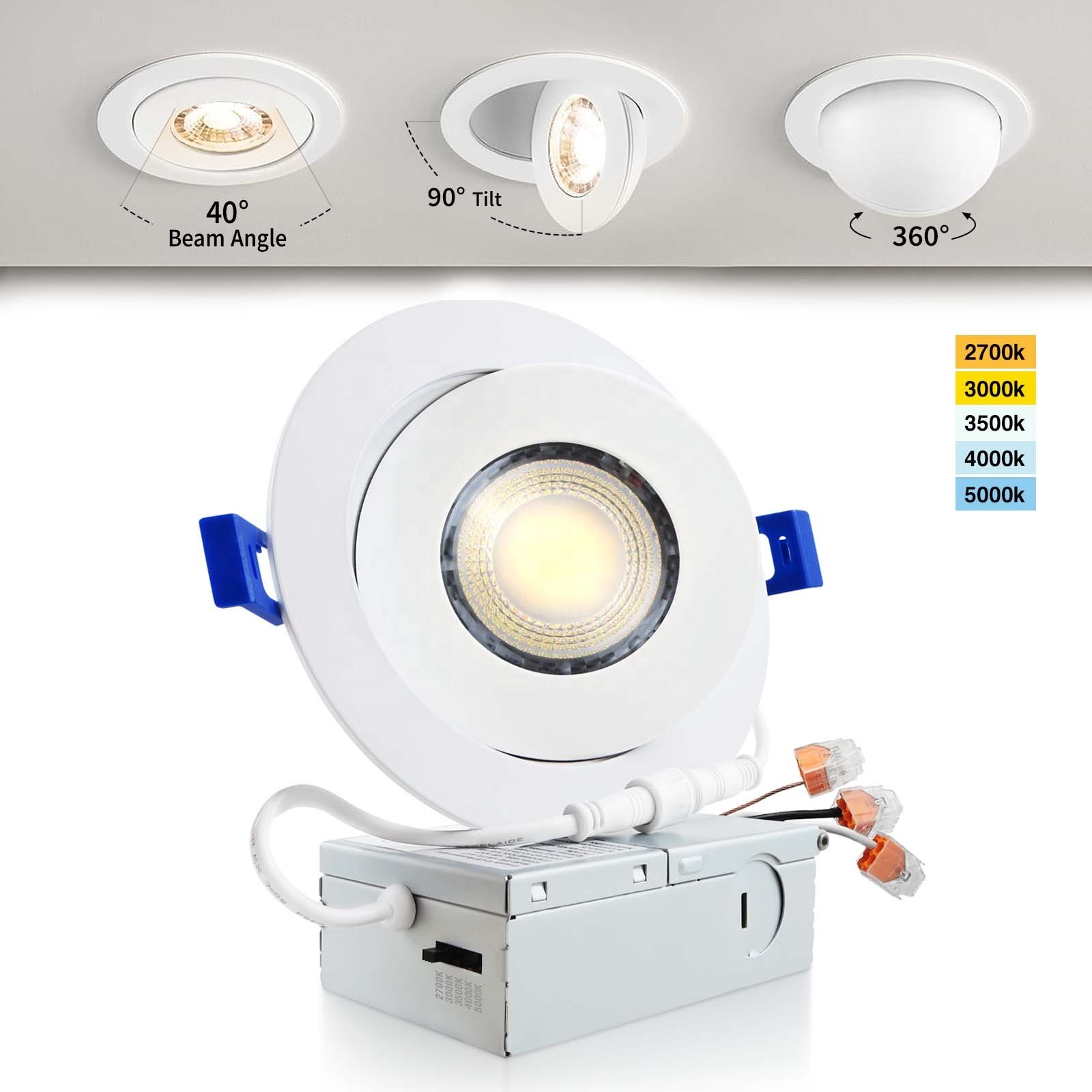Low MOQ 360 Slim Gimbal 6in 12w Aluminum Recessed Ceiling Light No Flicker ETL ES Dimmable 3cct Eyeball Gimbal Down Lights