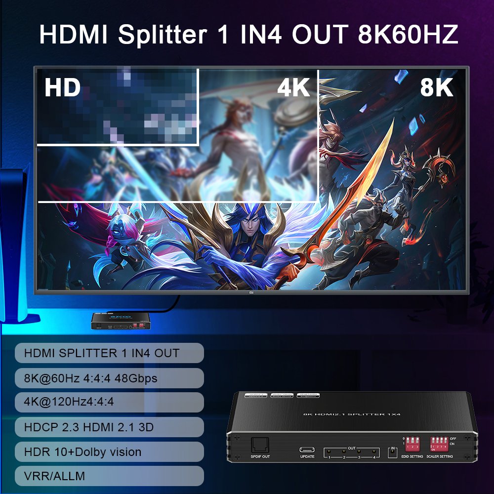 8K 60Hz Video Splitter CEC UltraHD 4K HDCP Support EDID Modes Auto Switch Video Converter 1X4 IR HDMI Splitter