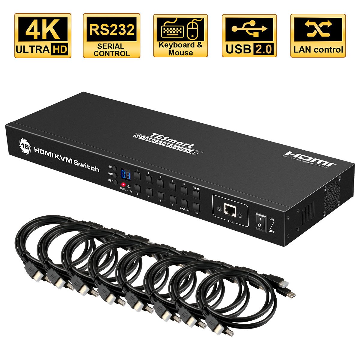 TESmart HDMI KVM Switch 16way Supports 4K Rackmount 16 Port KVM Switch 16x1 EDID Hot Plug Auto Detect KVM Switcher