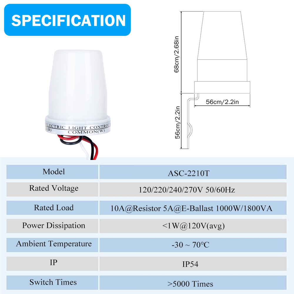 CNRIYA Thermal Photocell Light Switch 10A Auto on Off Light Sensor Switch Day Night Light Sensor Photoswitch ASC-2210T
