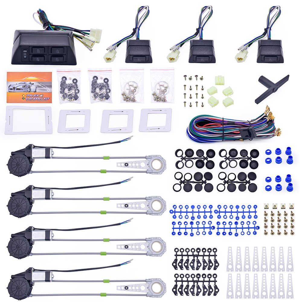 Global Original Sources Car Electric Window Lift DC 12V 4 Door Car Power Window Kit Power Window Kit with Switches and Harness