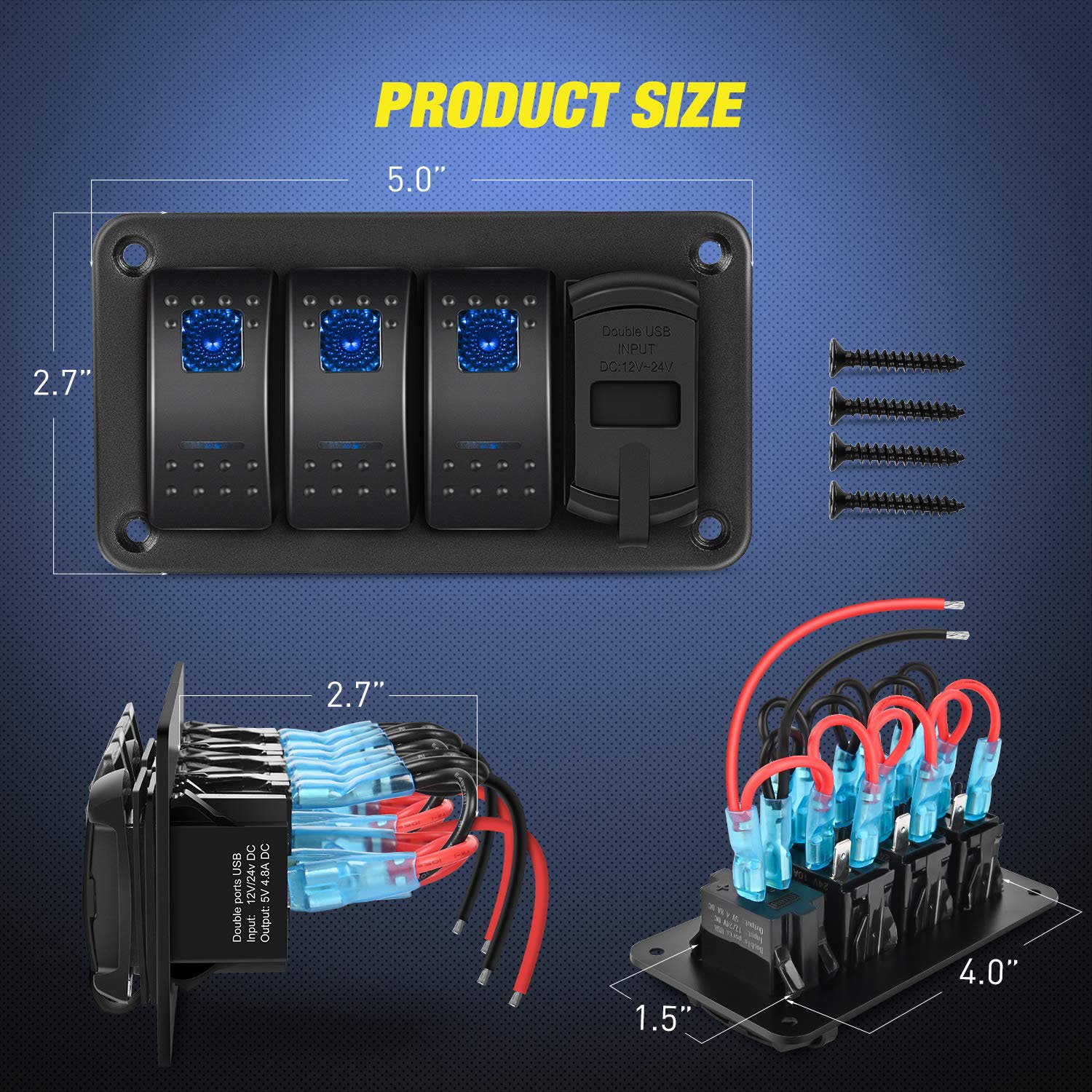 3 Gang Rocker Switch Panel with 4.8 Amp Dual USB Charger Voltmeter Waterproof 12V 24V DC Rocker Switch for Cars Trucks Boats RVs