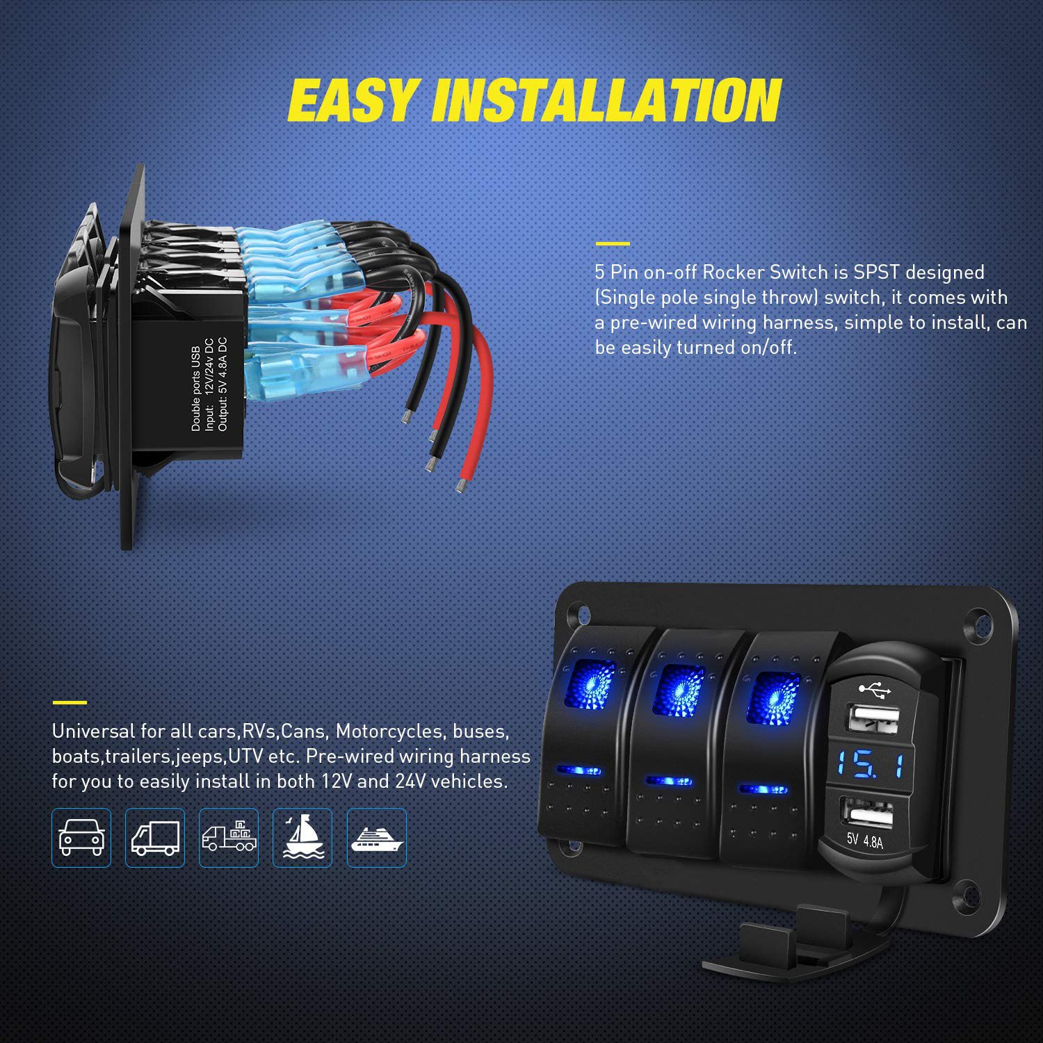 3 Gang Rocker Switch Panel with 4.8 Amp Dual USB Charger Voltmeter Waterproof 12V 24V DC Rocker Switch for Cars Trucks Boats RVs