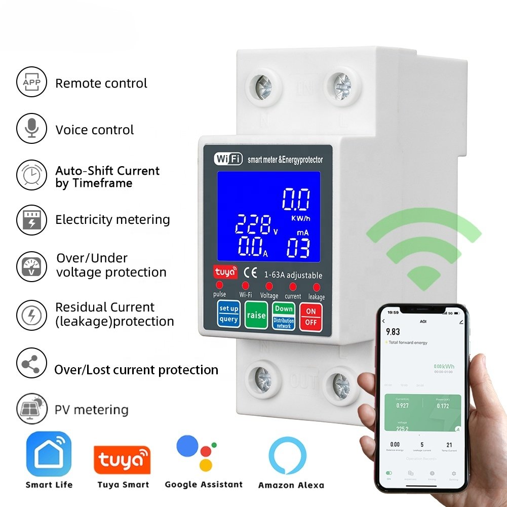 Smart Circuit Breaker Tuya 220v Leakage Current Protection Auto Recloser 63A Wifi Bidirectional PV Over and Under Voltage