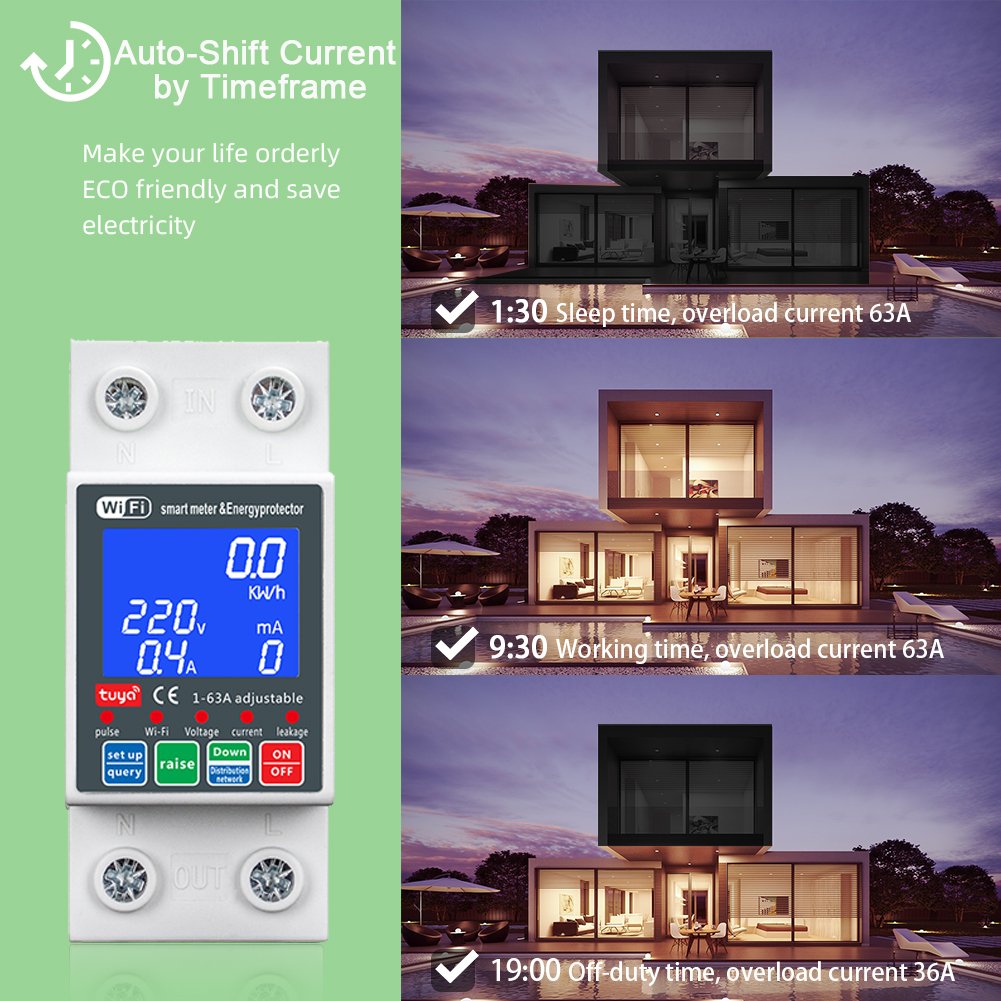 Smart Circuit Breaker Tuya 220v Leakage Current Protection Auto Recloser 63A Wifi Bidirectional PV Over and Under Voltage