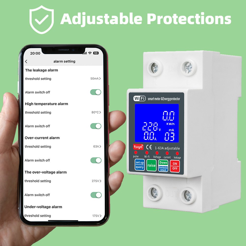 Smart Circuit Breaker Tuya 220v Leakage Current Protection Auto Recloser 63A Wifi Bidirectional PV Over and Under Voltage