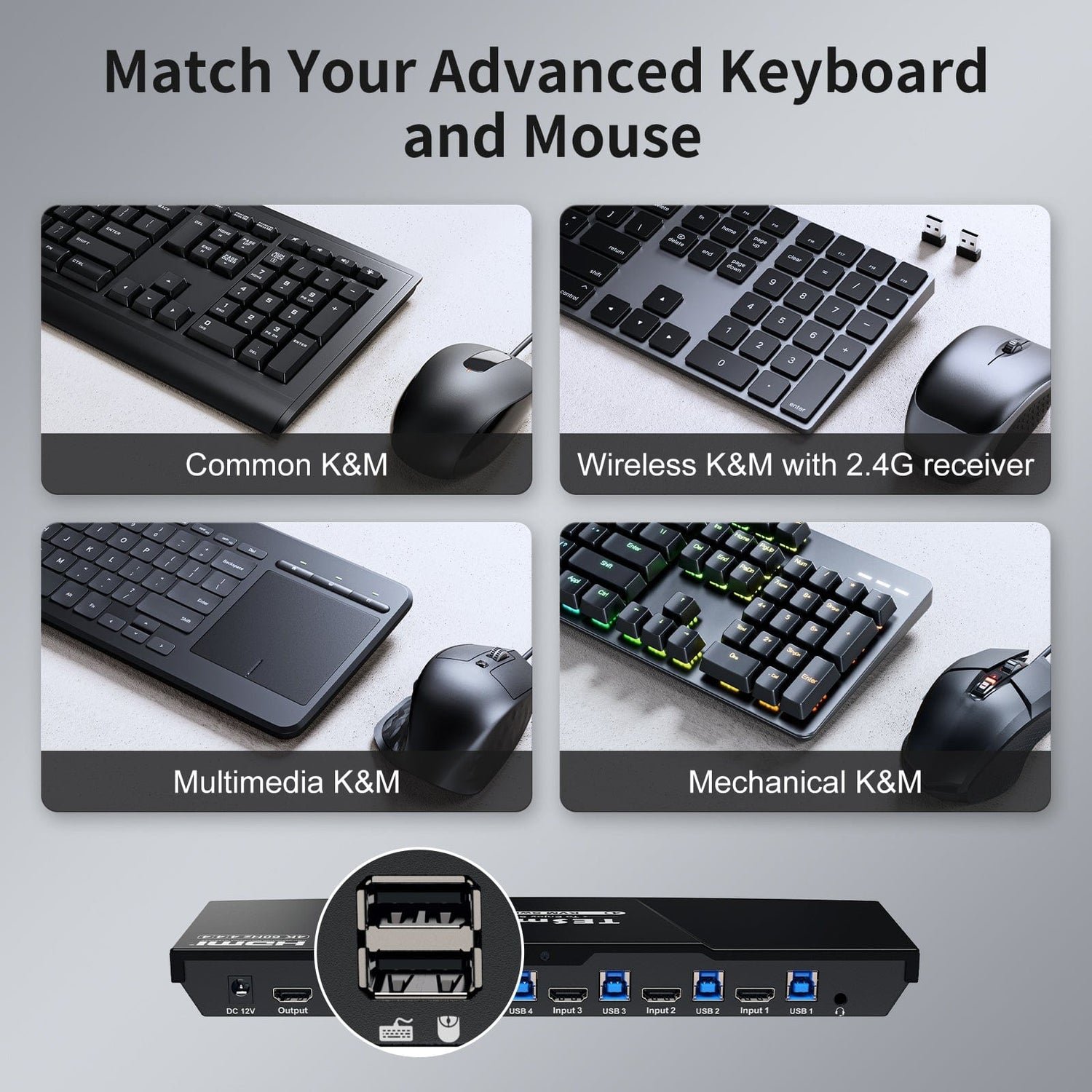 TESmart 4 Port KVM Switch Kit HDMI 4K60Hz with USB 3.0 Docking Station Support IR Panel Button Hot Keys Mouse Video Switcher