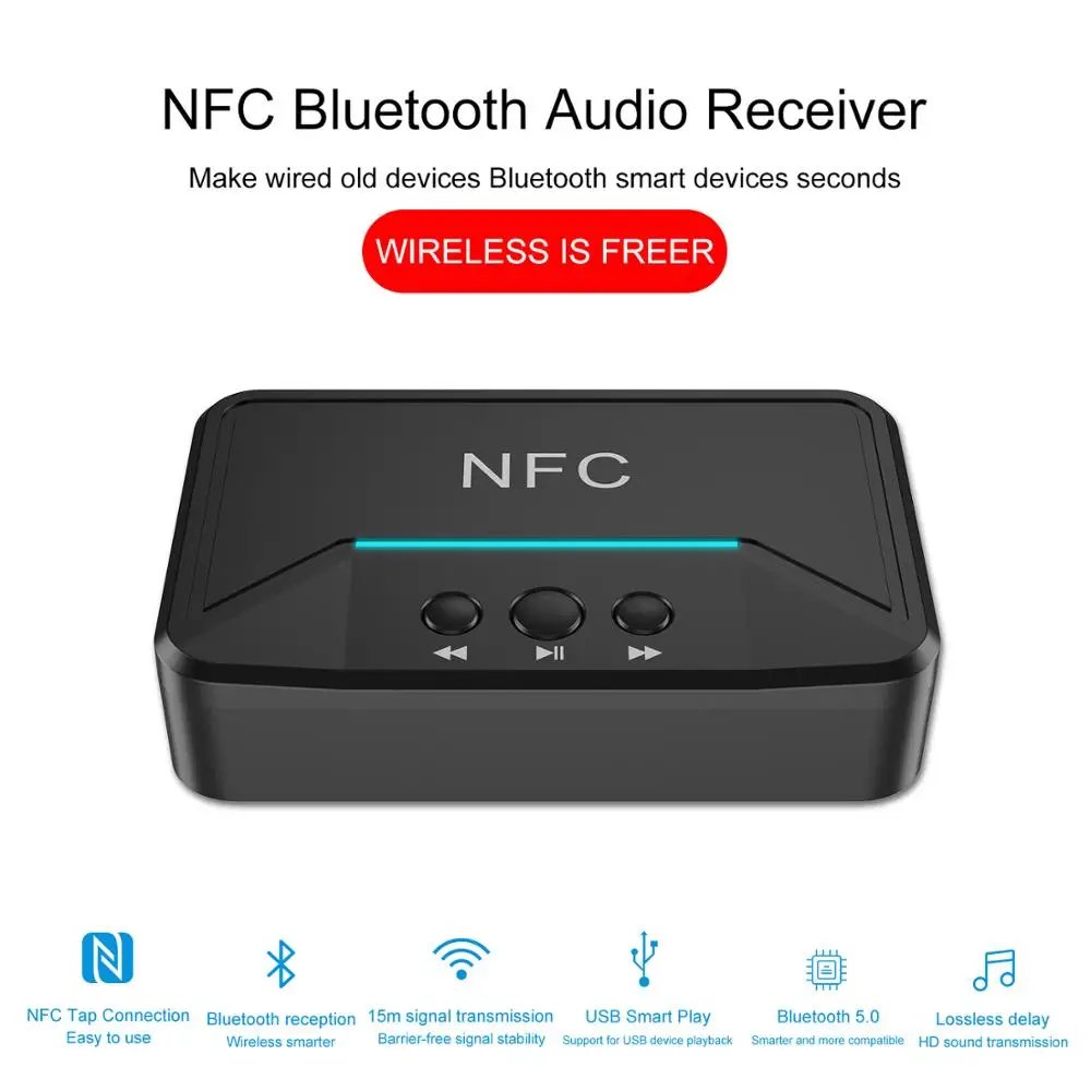 VAORLO NFC 5.0 Bluetooth Receiver A2DP AUX 3.5mm RCA Jack USB Smart Playback Stereo Audio Wireless Adapter for Car Kit Speaker