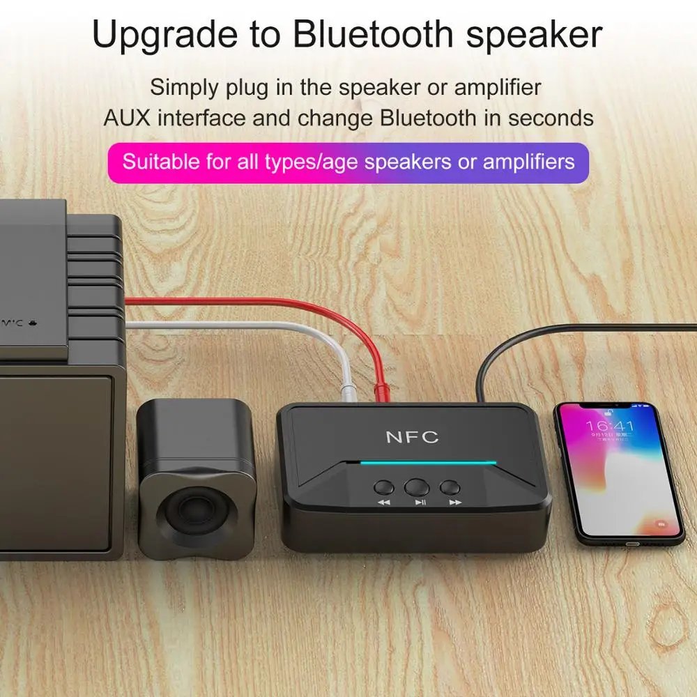 VAORLO NFC 5.0 Bluetooth Receiver A2DP AUX 3.5mm RCA Jack USB Smart Playback Stereo Audio Wireless Adapter for Car Kit Speaker