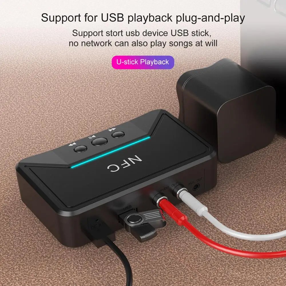 VAORLO NFC 5.0 Bluetooth Receiver A2DP AUX 3.5mm RCA Jack USB Smart Playback Stereo Audio Wireless Adapter for Car Kit Speaker
