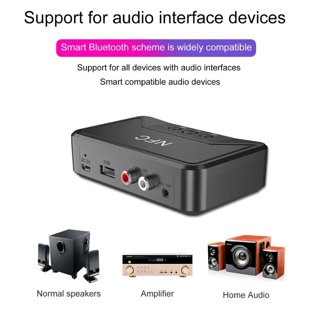 VAORLO NFC 5.0 Bluetooth Receiver A2DP AUX 3.5mm RCA Jack USB Smart Playback Stereo Audio Wireless Adapter for Car Kit Speaker
