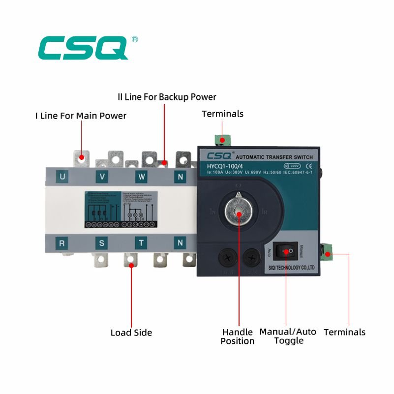 CSQ Ats 4 Poles 630A 2000a 200 Amp Ats Automatic Transfer Switches 400a Dual Power Auto Changeover Switch