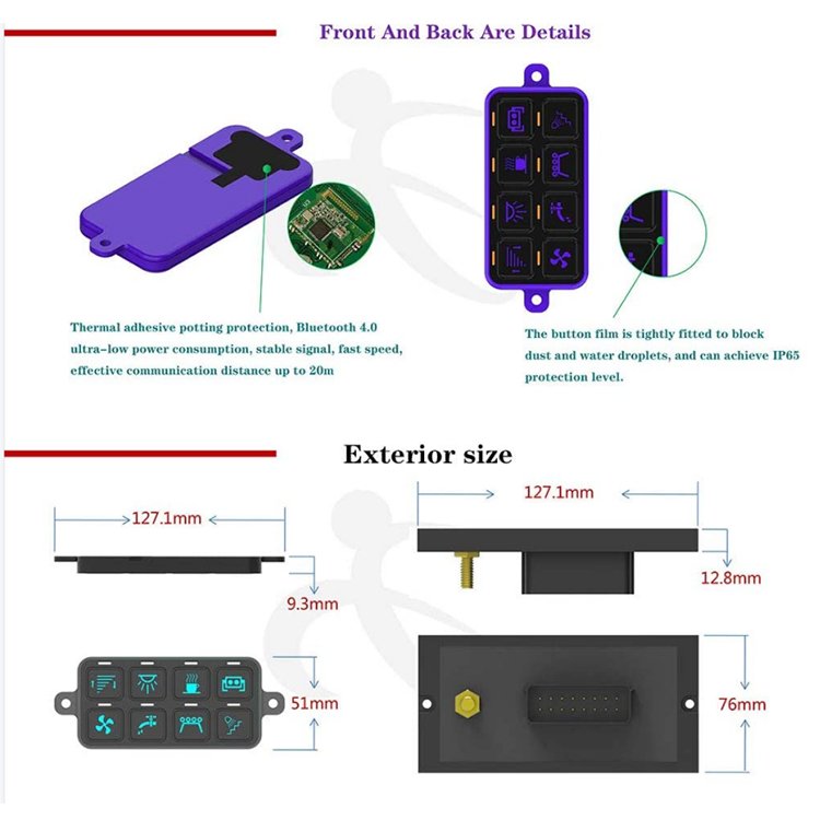 Auto Switch RGB LED 12 - 24V OFF Road Light 8 Gang Switch Panel Control Box with APP for Car Boat Marine