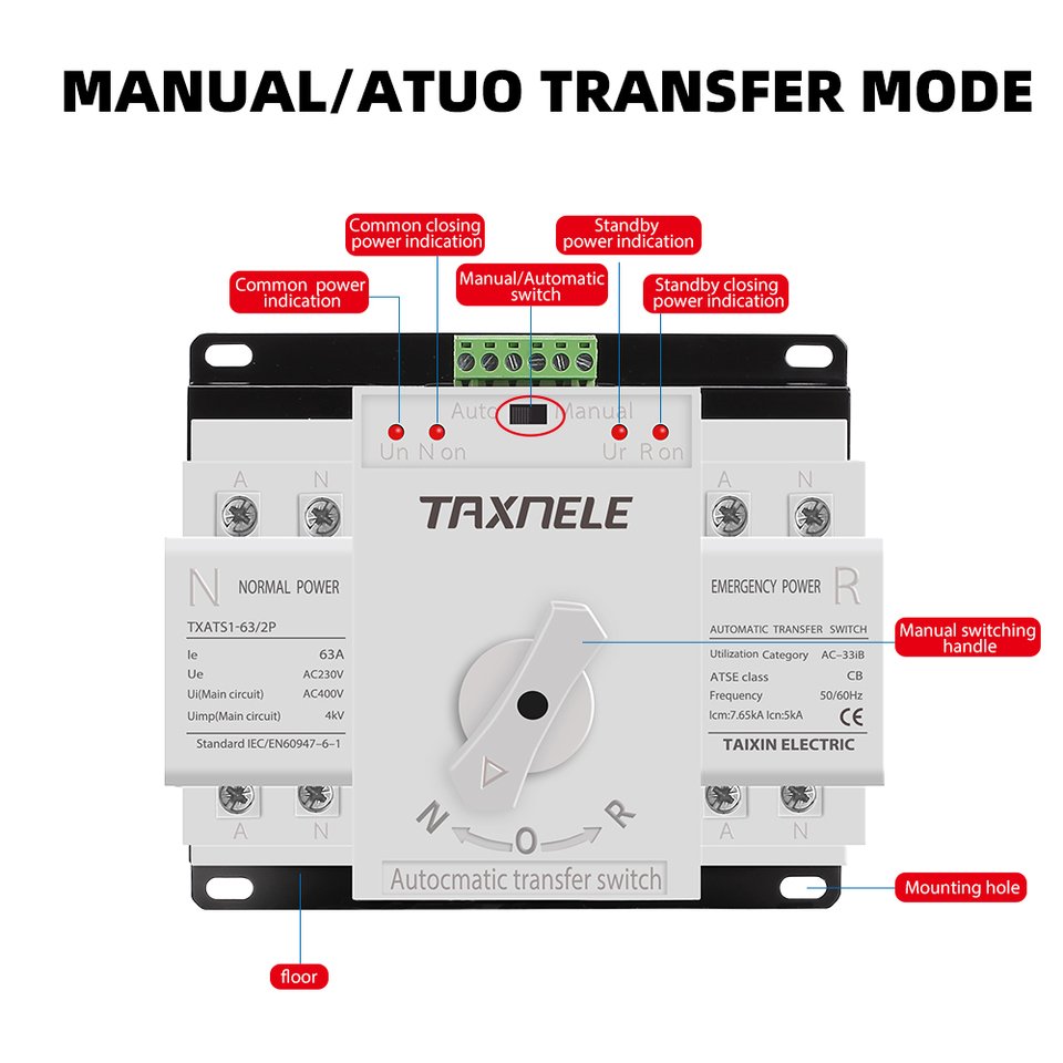 Dual Power Automatic Transfer Switch (2P 63A 125A) AC230V MCB Auto Changeover Circuit Breakers 4Poles PC Type