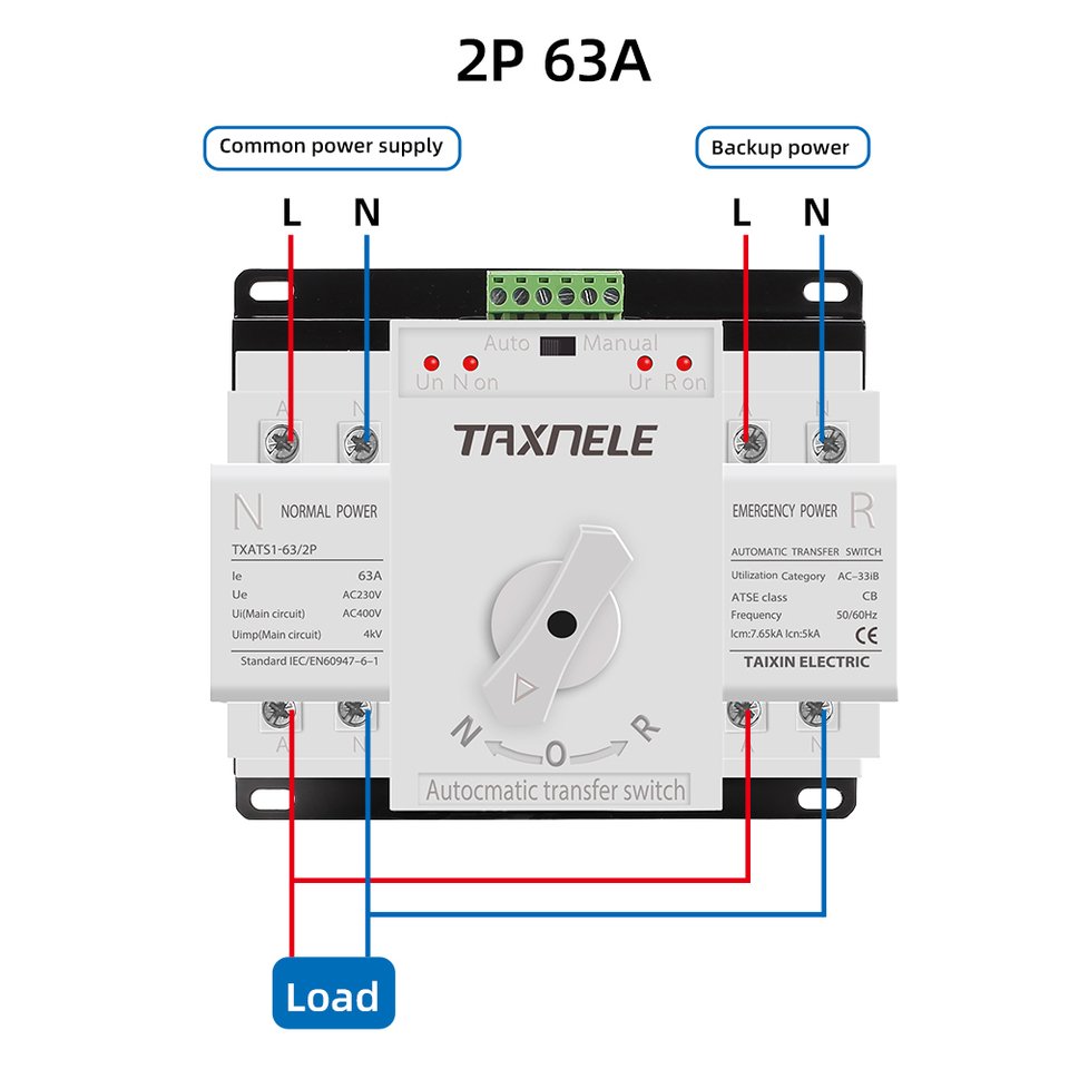 Dual Power Automatic Transfer Switch (2P 63A 125A) AC230V MCB Auto Changeover Circuit Breakers 4Poles PC Type