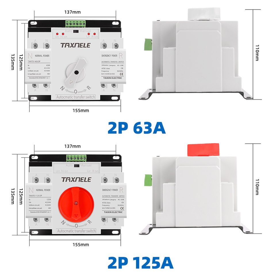 Dual Power Automatic Transfer Switch (2P 63A 125A) AC230V MCB Auto Changeover Circuit Breakers 4Poles PC Type