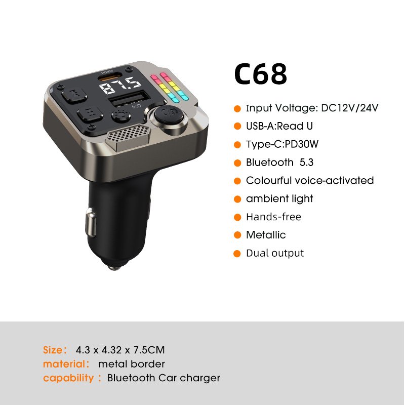 BT5.3 FM Transmitter QC3.0 Dual USB and PD20w Type-c Fast Car Charger Mp3 Player Car Wireless Handsfree Call Car Kit