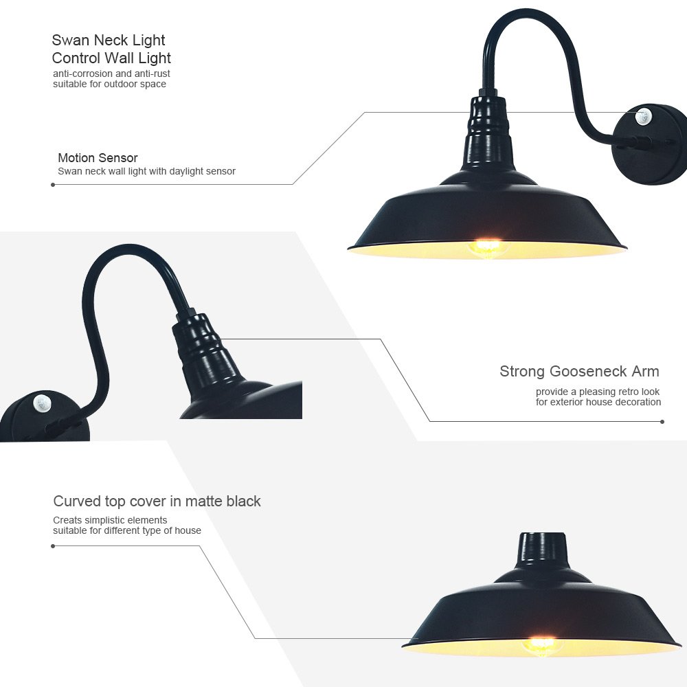 Hot Sale Gooseneck Barn Light Intelligent Sensor LED Lamp for Patio Garden Outside Wall Lighting Steel Energy Saving Waterproof