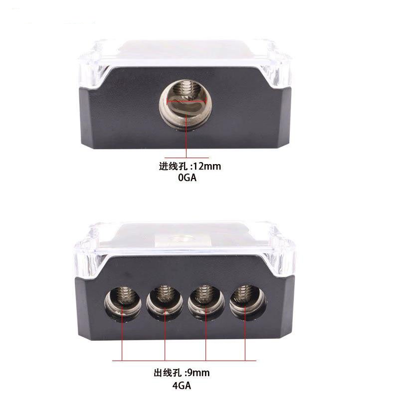 4 Way 1x 0/2/4 AWG Gauge in / 4X 4/8/10 Gauge Out Amp Ground Distributor Connecting Block for Car Amplifier Audio Splitter